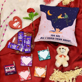 Love Quote Printed Cushion Cover with Filler, Set of 5 Photo Clips and Card, Artificial Rose with Teddy, Dairy Milk Chocolate Pack of 4 Valentine Gift Set